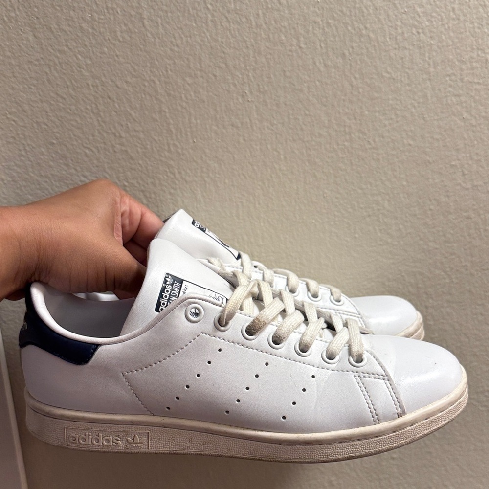 adidas White Leather Sneakers with Navy Heel Accent